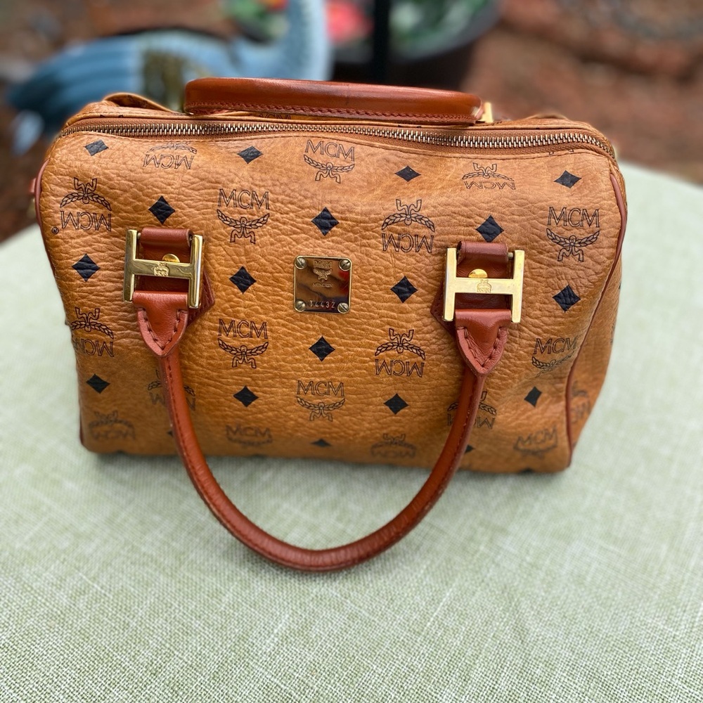MCM  Boston Tan and Black  with Logo Pattern